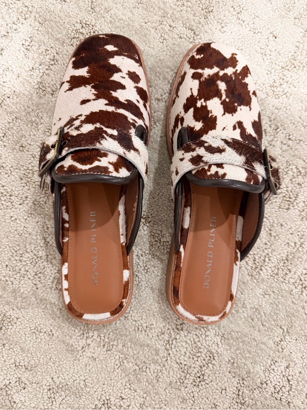Donald J. Pliner Brown and White Cowhide Buckle Mules